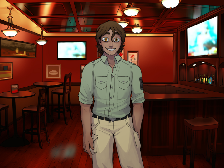 Strade standing in a bar, looking at the viewer and smiling